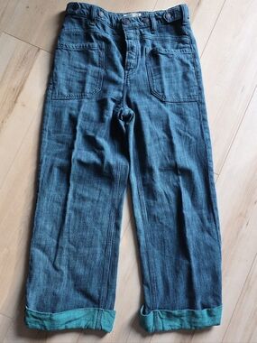 Free People Folded Baggy Wide Leg Jeans 100% Cotton High Rise Blue Green Pants